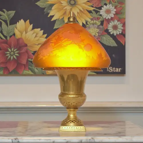 Einzigartige Art Déco Tischleuchte "AMBER FLOWERS" Gallé Tischlampe Messing