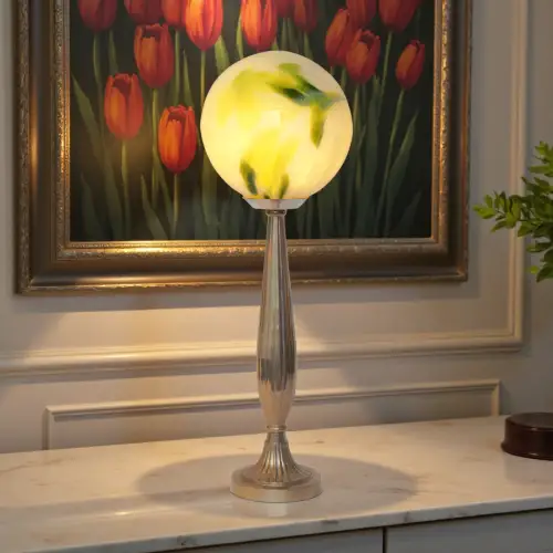 Klassische Art Déco Tischleuchte "APOLLOS BALL" Tischlampe Messinglampe Nickel