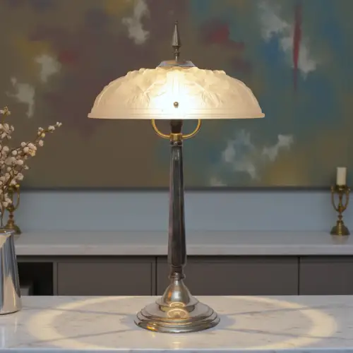 Traumhafte Art Déco Tischleuchte "SPANDAU FRUITS" Unikat Messinglampe versilbert