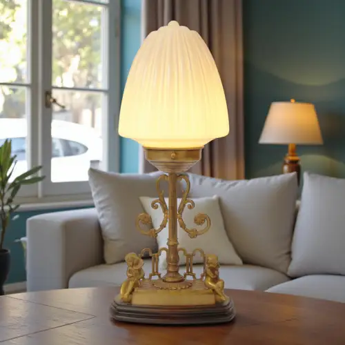 Unikate Jugendstil Messinglampe "ANGES AMOUREUX" Putto Putti Lampe Engel Cherub