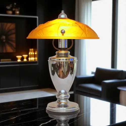 Art Déco Schreibtischleuchte "PARADIESVOGEL" Messinglampe Unikat Chrom