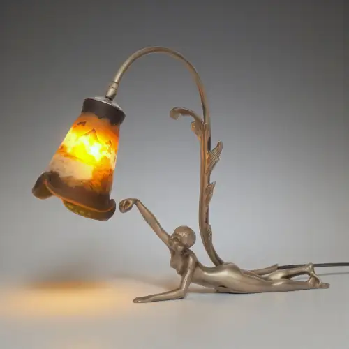 Art Deco Leuchte "NAKED MAIDEN" Messinglampe vernickelt Unikat Tischleuchte