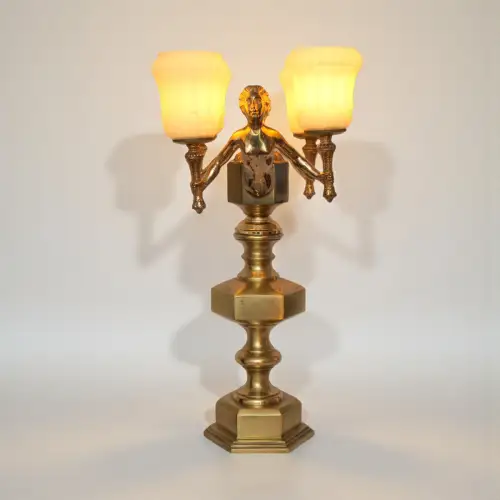 Rare Art Déco Messinglampe "GOLDEN POOLE LADIES" Unikat Tischlampe Art Nouveau