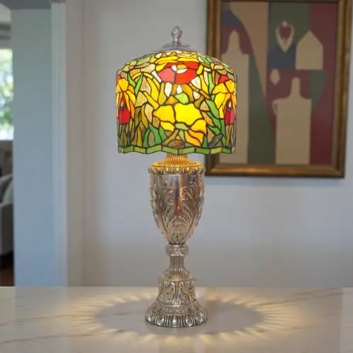 Art Déco Tiffany Tischleuchte "NORWICH" versilbert Lampe Sig. "A.  Giannelli