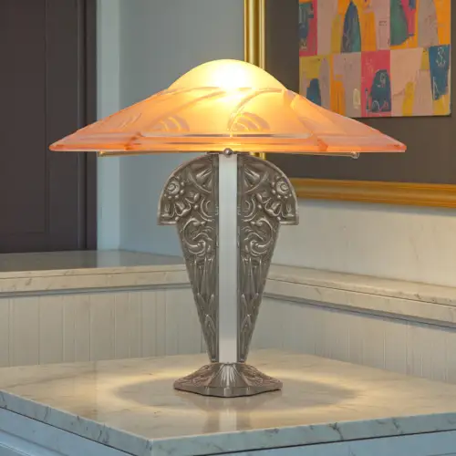 Traumhafte Art Déco Tischleuchte "LES AILES D'ARGENT" Sammlerstück Bankerlampe