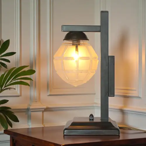 Polnische Art Déco Bankerleuchte "SPHÈRE À FACETTES" Unikat Lampe Arts & Crafts