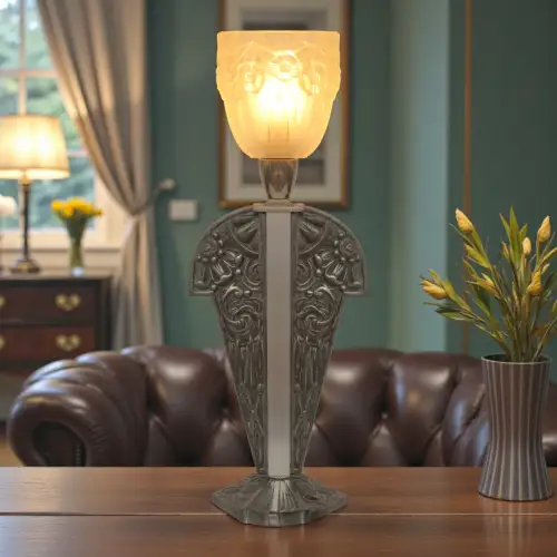 Traumhafte Unikat Art Déco Tischlampe "FLEURS D'ARGENT" Nickel Einzelstück Lampe