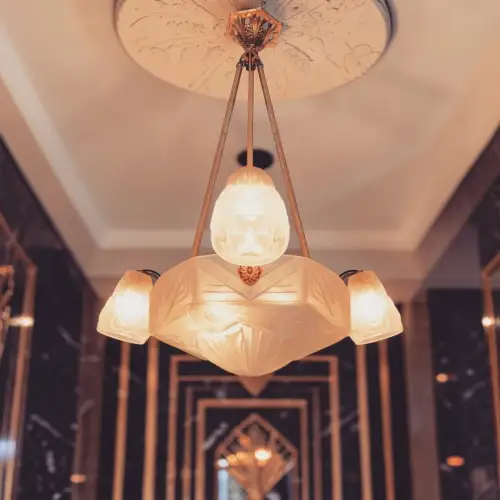 Original Art Déco Deckenleuchter David Guéron signiert 1920er Hängelampe Messing