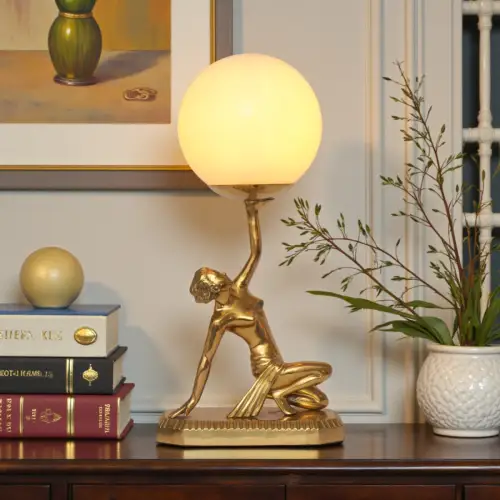 Klassische Art Déco Tischleuchte "GOLDEN GAIA" Messinglampe Banker Figurenlampe