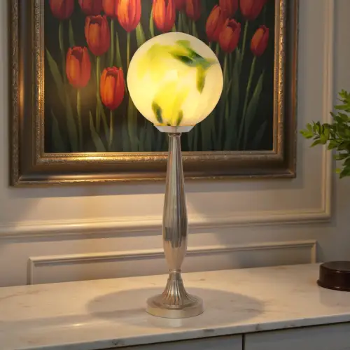 Klassische Art Déco Tischleuchte "APOLLOS BALL" Tischlampe Messinglampe Nickel