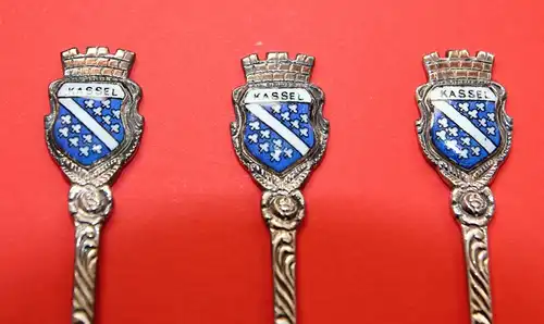 14) Versilberte Mokkalöffel - Kaffeelöffel , 100er Silberauflage - Stadtmotiv Kassel Wappen