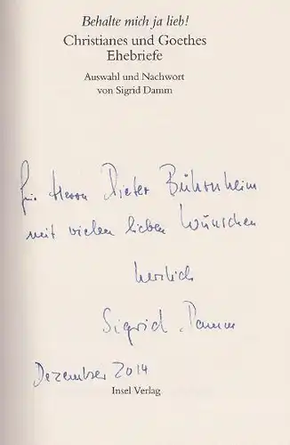 Damm, Sigrid (Hrsg.): Behalte mich ja lieb!, Christianes und Goethes Ehebriefe. Insel Bücherei. IB 1190. 