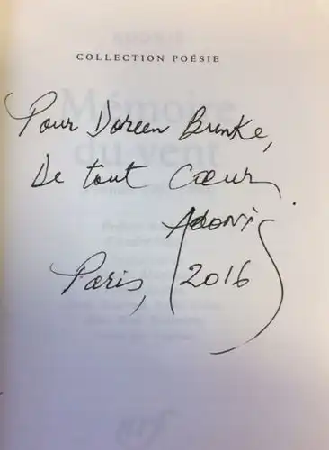Adonis: Mémoire du vent, Poèmes 1957-1990. Préface et choix d`André Velter. 