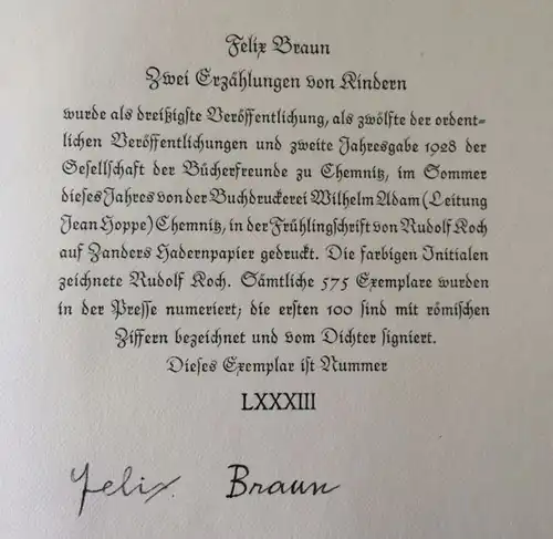 Braun, Felix: Zwei Erzählungen von Kindern. 