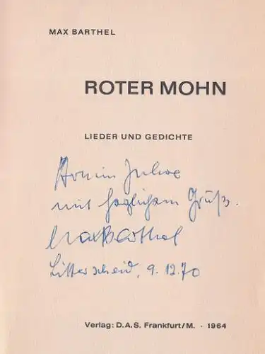 Barthel, Max: Roter Mohn, Lieder und Gedichte. 