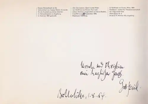 Neher, Caspar: Der Zerrissene Nestroy, Oper von Gottfried von Einem. Text nach Johann Nestroy. Begleitheft zur Ausstellung im Schaezlerpalais, Augsburg. 
