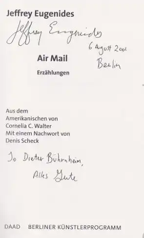 Eugenides, Jeffrey: Air Mail.  Erzählungen, Aus dem Amerikanischen von Cornelia C. Walter. Mit einem Nachwort von Denis Scheck, Spurensicherung, Band 3. 