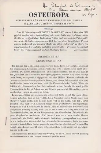 Geyer, Dietrich: Osteuropa - Zeitschrift für Gegenwartsfragen des Ostens, Der Abdruck folgt dem Manuskript eines Vortraes, de am 26. Januar 1965 auf Einladug der Studentenschaft in der Tübinger Universität gehalten wurde. 