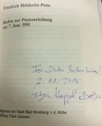Happel, Lioba, Peter von Matt und Günter Kunert: Friedrich Hölderlin-Preis, Reden zur Preis-Verleihung am 7. Juni 1991. 