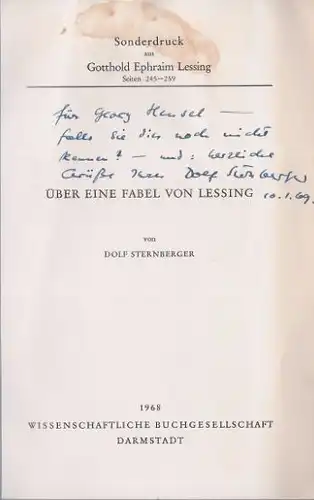 Sternberger, Dolf: Über eine Fabel von Lessing, Sonderdruck aus Gotthold Ephraim Lessing Seite 245-259. 