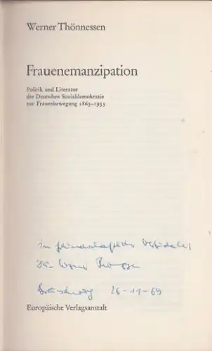 Thönnessen, Werner: Frauenemanzipation, Politik und Literatur der deutschen Sozialdemoktatie zur Frauenbewegung 1863 - 1933. 