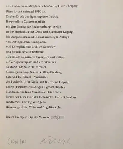 Czechowski, Heinz: Tag im Februar, Gedichte.  Holzschnitte Rolf Kuhrt., Zweiter Druck der Signaturpresse Leipzig. 