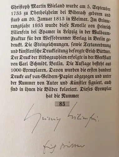 Lilienfein, Heinrich: Wieland, Eine Novelle. Mit Lithographien von Erich Büttner. 
