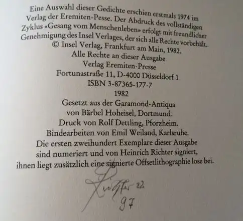 Kaschnitz, Marie Luise und Heinrich Richter: Gesang vom Menschenleben, Gedichte. Mit Zeichnungen von Heinrich Richter. 