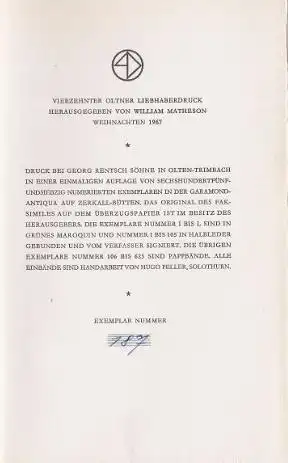 Kahl, Konrad: Adalbert Stifter in seinen Briefen, Zum 28. Januar 1968. Vierzehnter Oltener Liebhaberdruck, herausgegeben von William Matheson. Weihnachten 1967. 