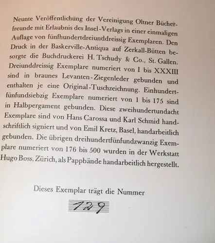 Carossa, Hans und Karl (Illustrator) Schmid: Die Schicksale Doktor Bürgers, Mit 22 Federzeichnungen von Karl Schmid.  9. Publikation der Vereinigung Oltener Bücherfreunde. 