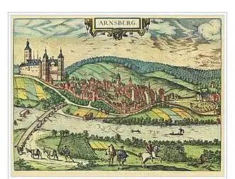 Braun, Georg und Frans Hogenberg, Arnsberg. Gesamtansicht von Westen mit dem Schloss vom anderen Ufer der Ruhr aus, rechts Kloster Winckhusen