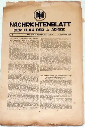 Nachrichtenblatt der Flak der 4. Armee - Nr. 4  vom 15. September 1918. 