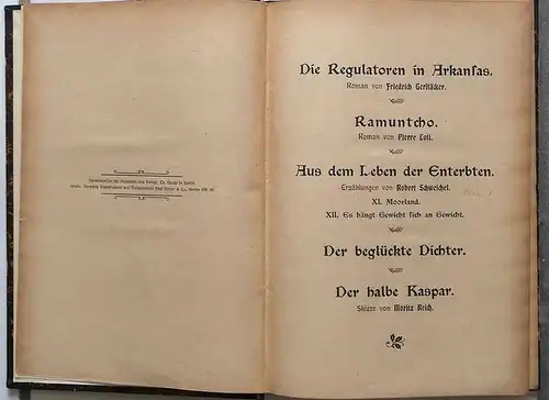 Gerstäcker, Friedrich und Robert Schweichel: Die Regulatoren von Arkansas. / Aus dem Leben der Enterbten. u.a. - Roman.  In: Zeitschrift "In Freien Stunden" VII. Jahrgang, Zweites Halbjahr 1903. 