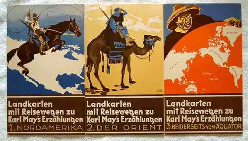 Landkarten mit Reisewegen zu Karl May`s Erzählungen. - 1. Nordamerika +  2. Der Orient +  3. Beiderseits vom Äquator. 