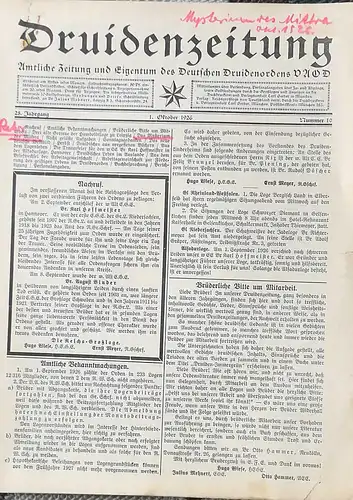 Mehnert, Julius Dr. (Hrg.): DRUIDENZEITUNG   28. Jahrgang,  Nr. 10 - 1. Oktober 1926 - - Amtliche Zeitung und Eigentum des Deutschen Druidenordens VDOD.(Vereinigter Alter Orden der Druiden). 