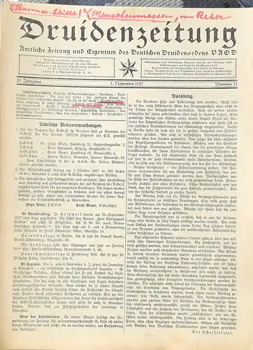 Mehnert, Julius Dr. (Hrg.): DRUIDENZEITUNG   29. Jahrgang,  Nr. 11 - 1. November 1927 - - Amtliche Zeitung und Eigentum des Deutschen Druidenordens VDOD.(Vereinigter Alter Orden der Druiden). 