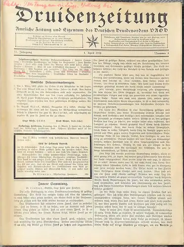 Mehnert, Julius Dr. (Hrg.): DRUIDENZEITUNG   30. Jahrgang,  Nr. 4 vom 1. April 1928 - - Amtliche Zeitung und Eigentum des Deutschen Druidenordens VDOD.(Vereinigter Alter Orden der Druiden). 