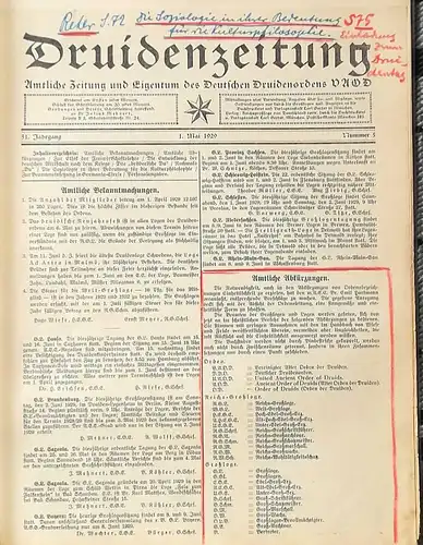 Mehnert, Julius Dr. (Hrg.): DRUIDENZEITUNG   31. Jahrgang,  Nr. 5 vom 1. Mai 1929 - - Amtliche Zeitung und Eigentum des Deutschen Druidenordens VDOD.(Vereinigter Alter Orden der Druiden). 