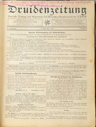 Mehnert, Julius Dr. (Hrg.): DRUIDENZEITUNG   31. Jahrgang,  Nr. 9 vom 1. September 1929 - - Amtliche Zeitung und Eigentum des Deutschen Druidenordens VDOD.(Vereinigter Alter Orden der Druiden). 