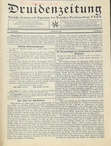 Mehnert, Julius Dr. (Hrg.): DRUIDENZEITUNG   32. Jahrgang,  Nr.29 vom 1. Februar 1930 - - Amtliche Zeitung und Eigentum des Deutschen Druidenordens VDOD.(Vereinigter Alter Orden der Druiden). 