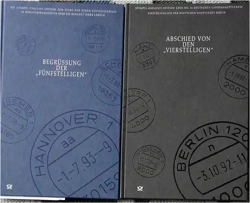 Postdienst, (Hrg.): Abschied von den "Vierstelligen" + Begrüßung der "Fünfsteliigen".  " bÄNDE komplett 1 - Stempel-Exklusiv-Edition über die 16 deutschen Landeshauptstädte einschl. der dt. Hauptstadt Berlin. 