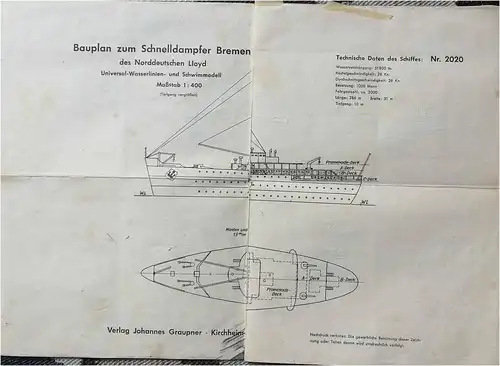 Schnelldampfer "Bremen" (Baupläne Schiffsmodelle) - Maßstab 1:300. 
