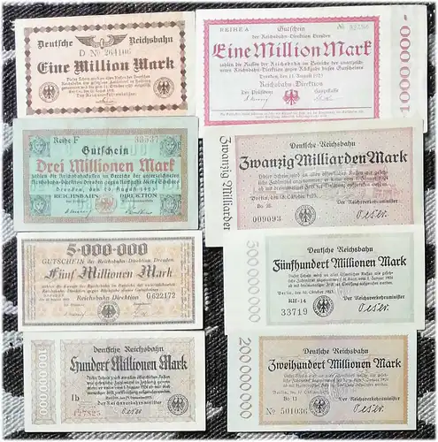 8 Notgeldscheine - Gutschein -  DEUTSCHE  REICHSBAHN  1923. - 2 x 1 Million Mark (11./12. Aug. 23) / 3 Mill. Mk. (20. Augl) / 5 Mill. (21. Aug.) / 100 Mill. Mk. (25. Sept.) / 200 Mill. Mk. (10. Okt.) / 500 Mill. Mk. (10. Okt.) / 20 Milliarden Mk. 18. Okt.