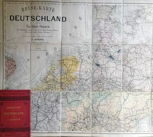 Handtke, F: Reise-Karte von Deutschland.und den Nachbar-staaten bis Kopenhagen, Dover, Paris, Lyon, Turin, Ferrara, Budapest, Debreczin, Lublin, Grodno, Tauroggen. - entworfen und gezeichnet von F. Handtke.  Verhältniss 1: 500.000. 