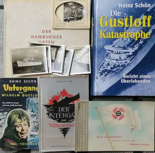 Konvolut "Wilhelm-Gustloff" KdF-Schiff und Untergang. - (Orig.-Gutscheinheft Rund-um-Italienfahrt 1938 / Mappe mit 12 Orig.-Hochglanzphotos 1938 / "Der Hamburger Hafen Landesbildstelle 1938 / Heinz SCHÖN "Der...