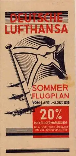 Lufthansa Sommerflugplan 1935. vom 1. April bis 5. Okt. 1935. 