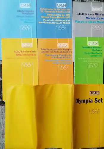 ADAC Olympia Set München 1972. Stadtpläne etc.) + Porzellan Olympiateller Rosenthal.   Orientierungsplan Olympiapark (Spezialplan Olympisches Gelände mit offiziellen Zeichen), Stadtplan München mit Straßenverzeichnis.. 