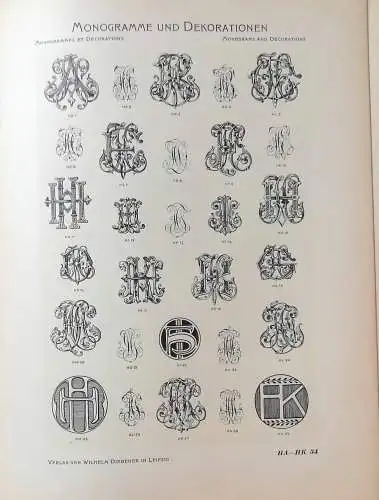 Diebener, Wilhelm (Hrg.): Monogramme und Dekorationen für Uhren und Edelmetall Gravierung sowie für verwandte Gewerbe.   Entwurf und Zeichnung: P[eter] Behrens, Düsseldorf; E. Doepler.. 