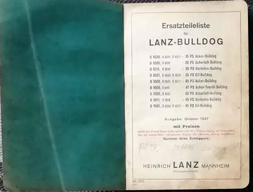 Ersatzteilliste für  LANZ - Bulldog 35 Ps und 45 PS. - mit Preisen. 