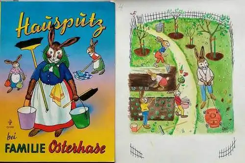 Obermaier-Wenz, Hedda: 1 farb. unsignierte Original-zeichnung zu "Hausputz bei Familie Osterhase". (Bilder von H. Obermaier-Wenz.). 